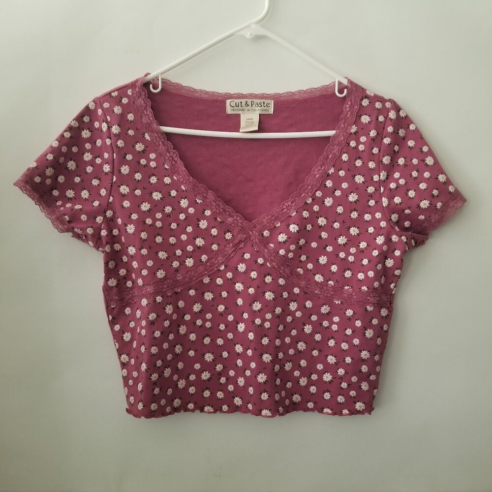 Cut & Paste Womens L Floral Purple White Daisy Cotton Blend Crop Top Shirt